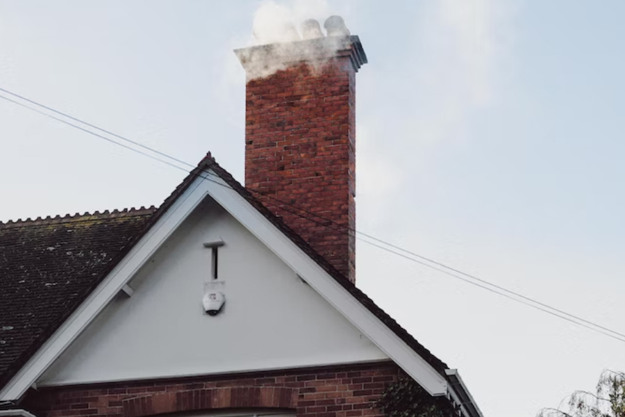 A brick chimney emitting smoke